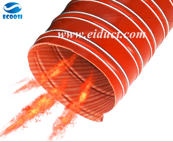 Ecoosis high temp silicone ventilation duct hose is made of double layer silicone coated glass fiber fabric with spring steel wire and reinforcement with glass fiber cord.